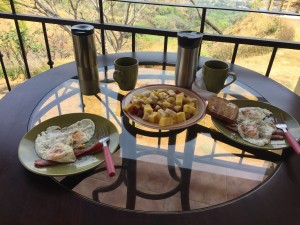 Sunday brunch with farm fresh eggs and fruit salad. Coffee, of course!